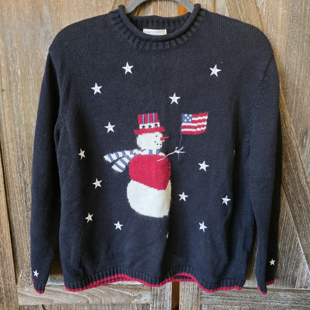 Christopher & Banks Sweater Women's Size Large Navy‎ Blue Christmas Snowman USA
